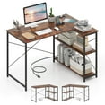thumbnail image 1 of Costway L-Shaped Computer Desk with Power Outlets Adjustable shelf Heavy-Duty Metal Frame Brown, 1 of 10