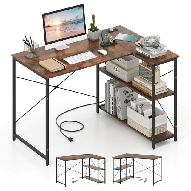 Costway L-Shaped Computer Desk with Power Outlets Adjustable shelf Heavy-Duty Metal Frame Brown