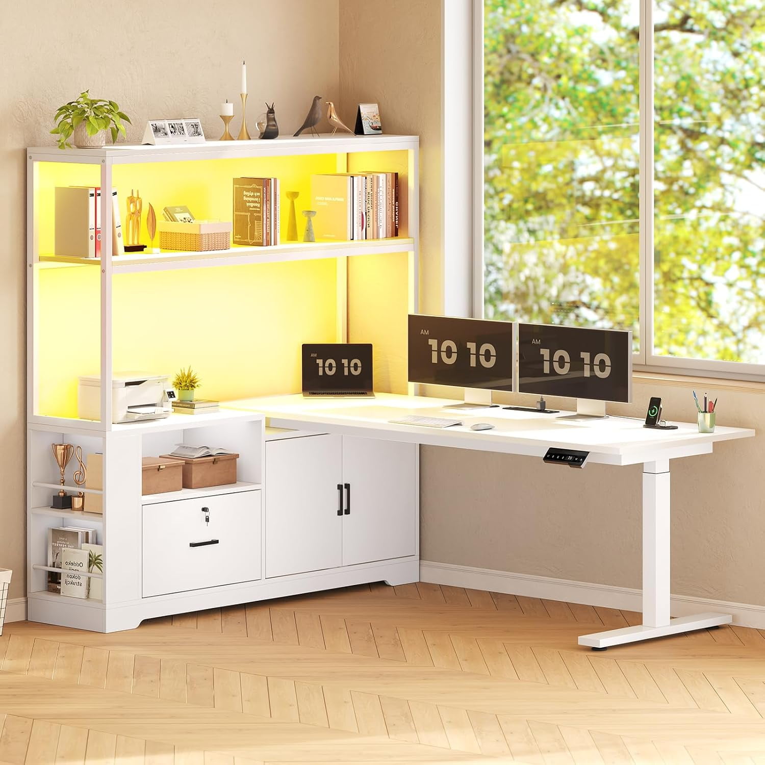 SEDETA 29.5"~48.6"H L Shaped Standing Desk with Storage, Electric Adjustable Height Home Office Desk, Large PC Workstation with Power Outlet, Corner Computer Desk with 23.1"D Spacious Desktop, White