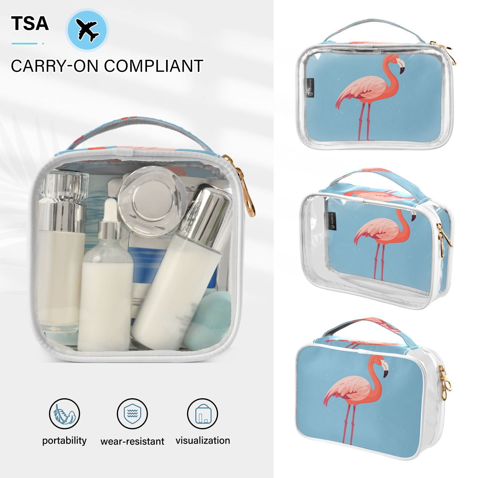 Clear Makeup Bags with Handle Large Opening 2 Pack Set Toiletry Bag Quart Size Bag, for Women Man Traveling Travel Essentials, Toiletries and Other. Flamingo Standing