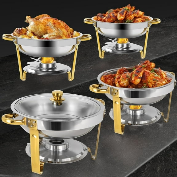 Jacgood 4 Pack 5 Quart Stainless Steel Round Chafing Dish Set Buffet Catering Serving Sets Gold Chafing Dish Buffet Set with Glass Lid