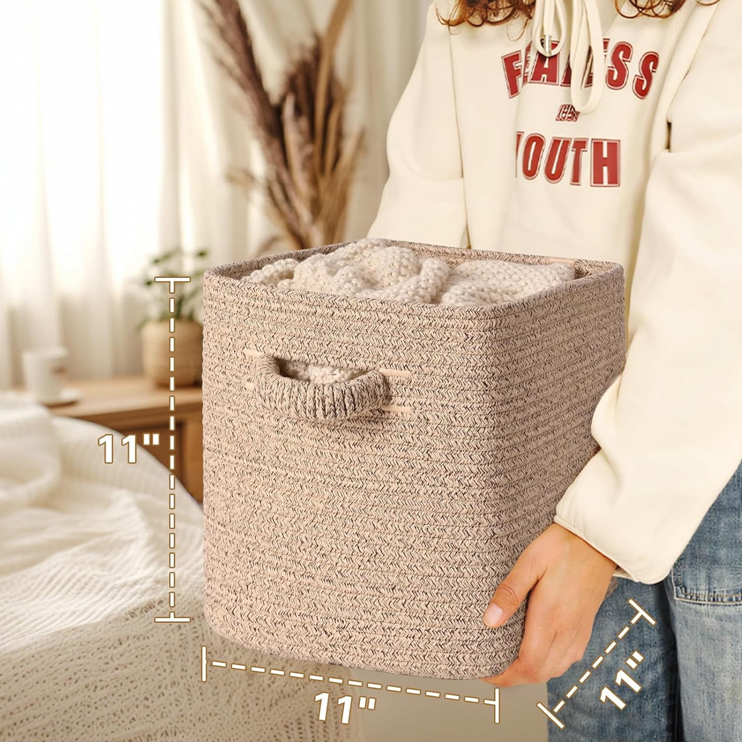 Natubeau 3 Pack Woven Storage Basket for Shelves, Cube Storage Bins, Cotton Rope Woven Baskets for Organizing, 11 Inch, Jute