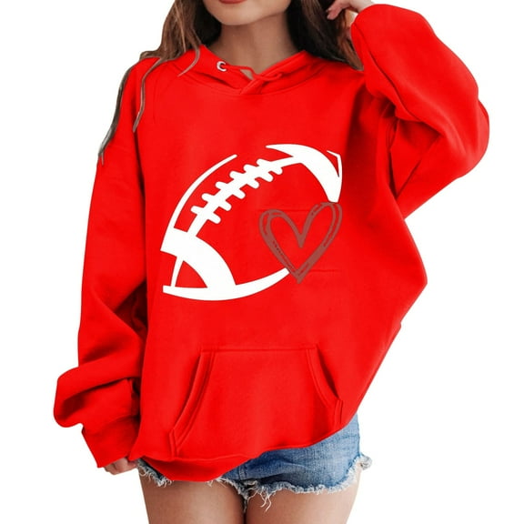 AWZXDE Girls Hooded Sweatshirt Winter Daily Casual Football Print Sweatshirt Top Hooded Sportswear for Girls Comfort Red,3-4 Years