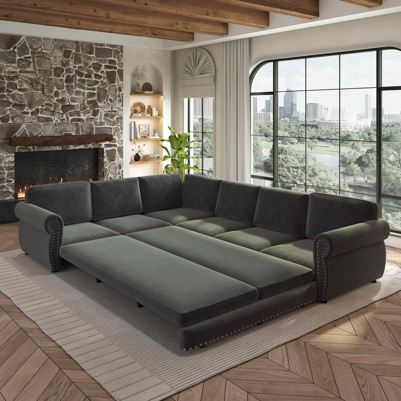 MAYEERTY 118" L‑Shaped Convertible Pull‑Out Sofa Bed, Chenille Sectional Couch with Nailhead Trim & Rolled Arms, Oversized Multifunctional Sleeper Sofa