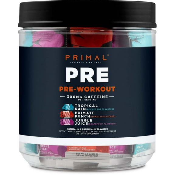 Primal PRE Pre-Workout Variety Pack, Tropical Rain   Primate Punch   Jungle Juice Flavored (20 Stickpacks) - 300mg Caffeine Per Serving