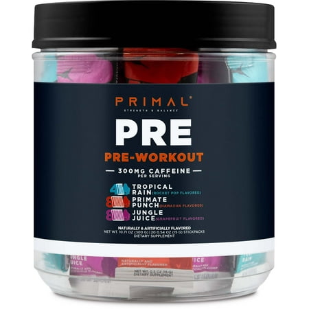 Primal PRE Pre-Workout Variety Pack, Tropical Rain + Primate Punch + Jungle Juice Flavored (20 Stickpacks) - 300mg Caffeine Per Serving