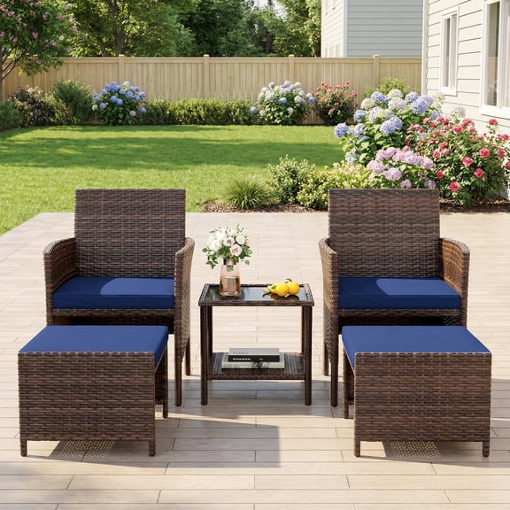 UDPATIO Balcony Furniture 5 Piece Patio Furniture Set, Outdoor Brown Wicker Chairs with Ottoman, Navy