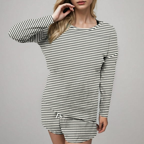 ZhiZhuang Women's Two Piece Striped Outfits Long Sleeve Oversized Sweatshirt and Drawstring Shorts Matching Sets Tracksuit