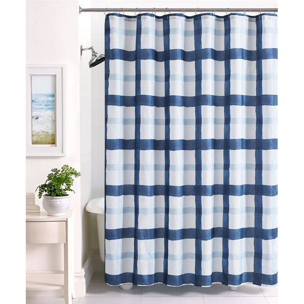 Mainstays Navy Blue Plaid Polyester microfiber Shower Curtains, 70" x