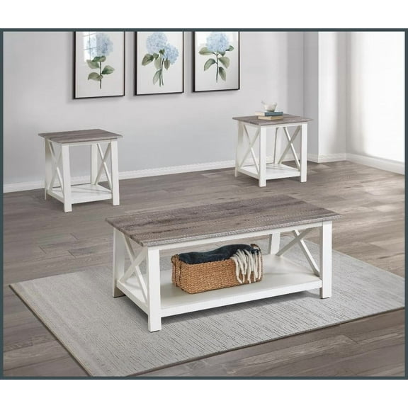 Easy-Assemble Versatile White Brown 3-Piece Living Room Coffee Table Set: Rectangular Coffee & Square End Tables