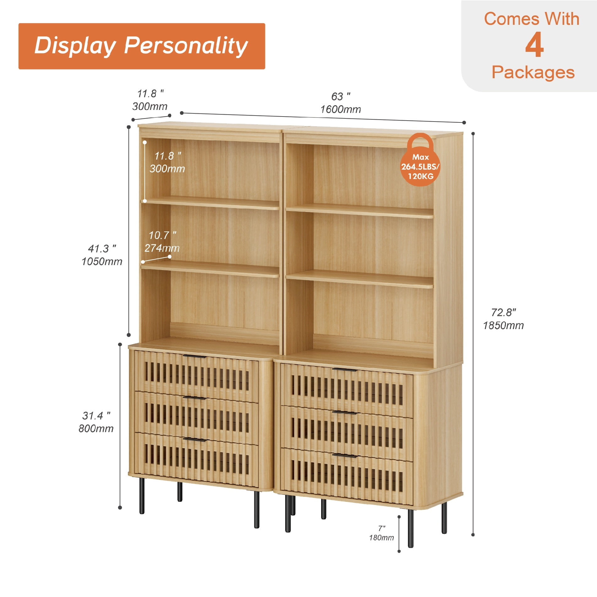WAMPAT 72.8" Tall 3-Tier Bookshelf with Large Drawer, Modern Bookcase with Storage, Adjustable Shelves, Wood Storage Cabinet, Oak, 2 PCS