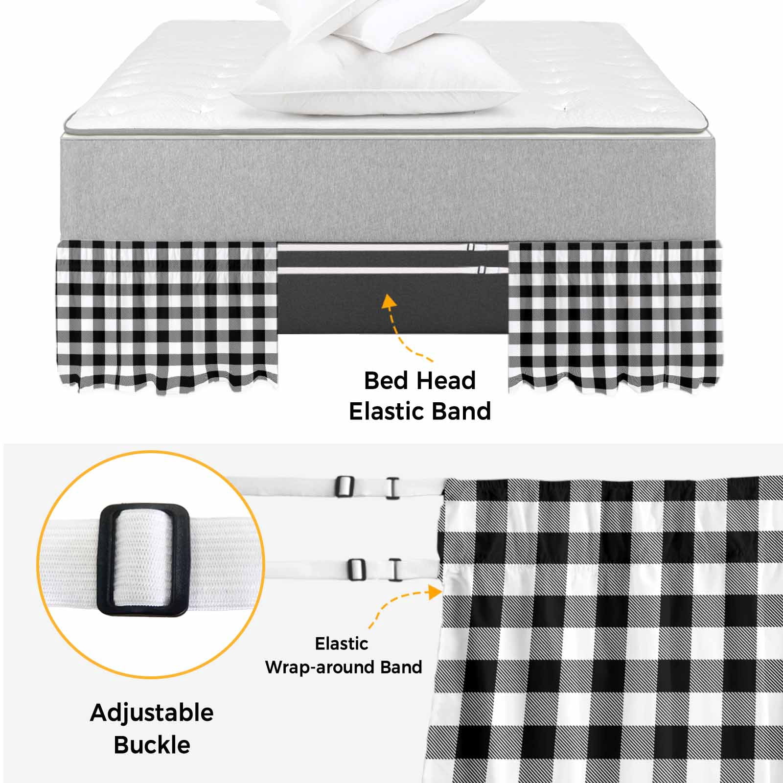 Bed Skirt Black Check Plaid Adjustable Elastic Wrap-Around Dust Ruffle with Black White Farmhouse Style 16 Inch Drop, Bed Frame Cover for Queen Size Bed