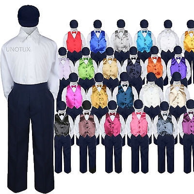 

23 Color 5 pc Set Vest Bow Tie Boys Baby Toddler Formal Suits Navy Hat Pants S-7