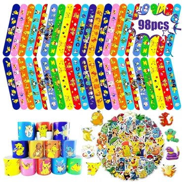 98 Pcs Poke mon Slap Bracelet Sticker Set Party Favors Birthday Supplies for Kids