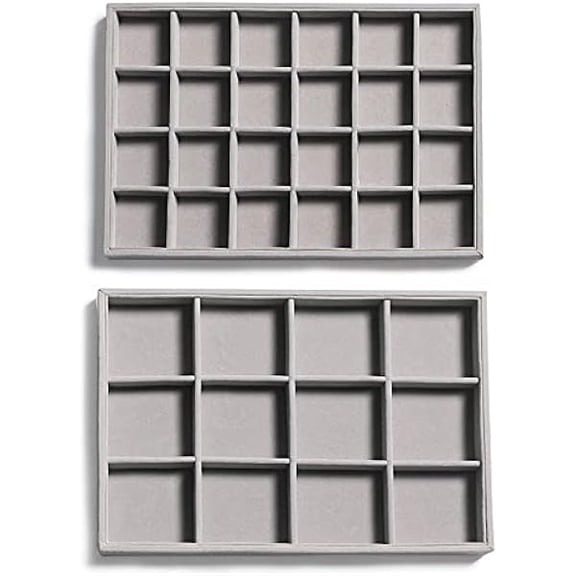 ZLC Stackable Velvet Jewelry Organizer Trays for Drawers Inserts Jewelry Storage Tray Display Case, Stud Earrings Bracelets Necklace Rings Trays for Women Girls(Set of 2)(Grey)