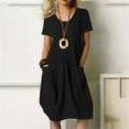thumbnail image 1 of Robes Robe d'Été Mode Décontractée Col Rond Boutons Manches Courtes Coton Lin Longueur Genou Poche Robe Unie Noire S, 1 of 8