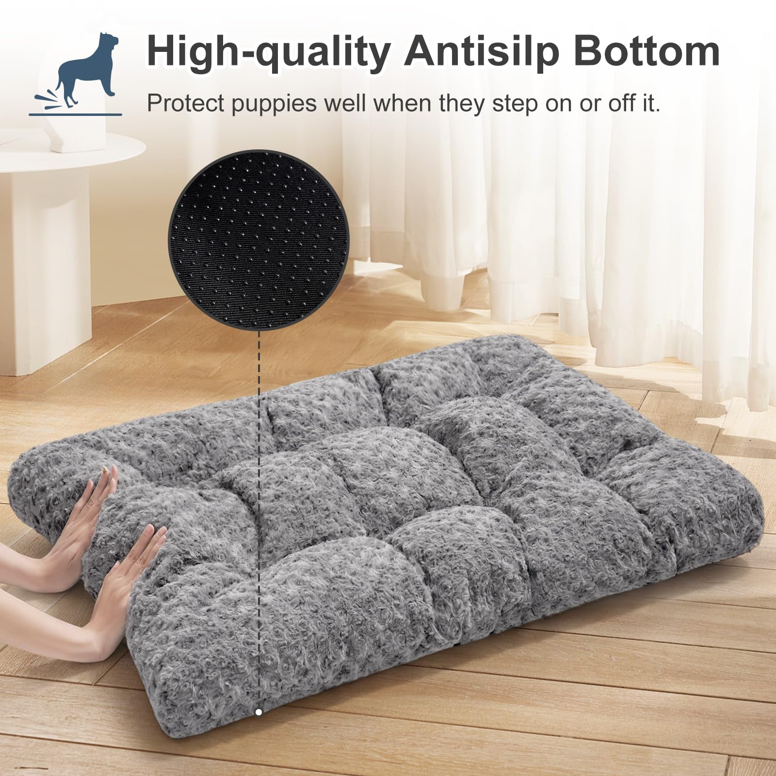 Emonia Large Dog Bed, Luxury Rose Velvet Pet Mattress,Dog Pad for Crate, Non Slip Bottom, Suitable for Large, Medium Dogs 48 "x 30", Light Gray