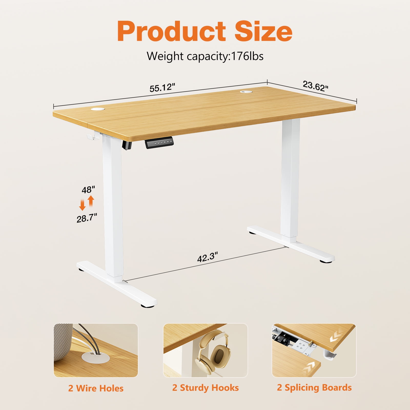 EDX Electric Adjustable Standing Desk - 55"x24" Sit-to-Stand Office Desk with 2 Hooks & Wire Hole