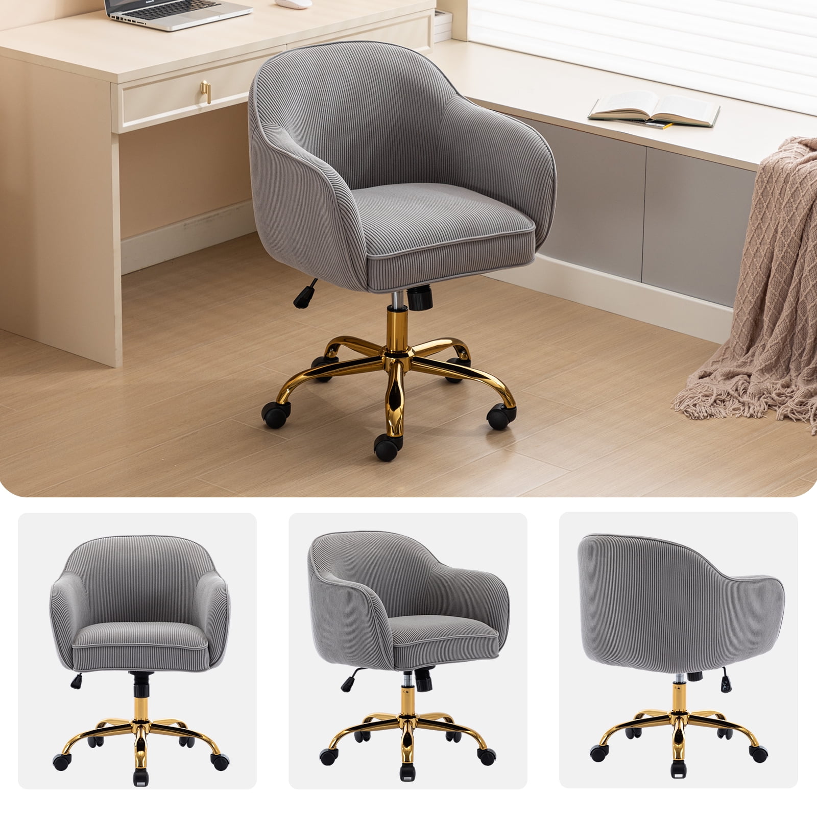 BRILHAMEZ Velvet Office Chair, Ergonomic Desk Chair with Adjustable Height, 360° Swivel, Padded Armrests for Home Office, Gray