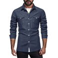 thumbnail image 3 of Men’s Long Sleeve Denim Shirt Jacket Lapel Solid Color Casual Spring Fall Top, 3 of 8