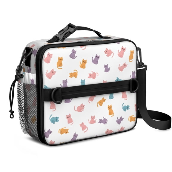 Multicolor Cat White Pattern Insulated Lunch Bag with Shoulder Strap and Bottle Holder,Bento School Lunch Bag Box,11x9.5x3.5 Inches