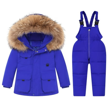 Hpapadks Toddler Snow Suit Winter Warm Long Sleeve Solid Snowboarding Hooded Down Jacket Ski Bib Pants Baby Snowsuit Blue 2 Years-3 Years