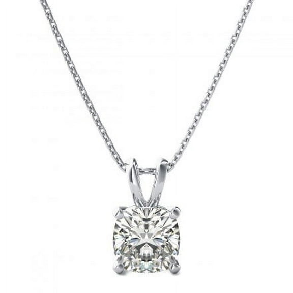 JeenMata Prong Set 1 Carat Cushion Cut Real Moissanite Solitaire Pendant Necklace in 18k White Gold Over Silver