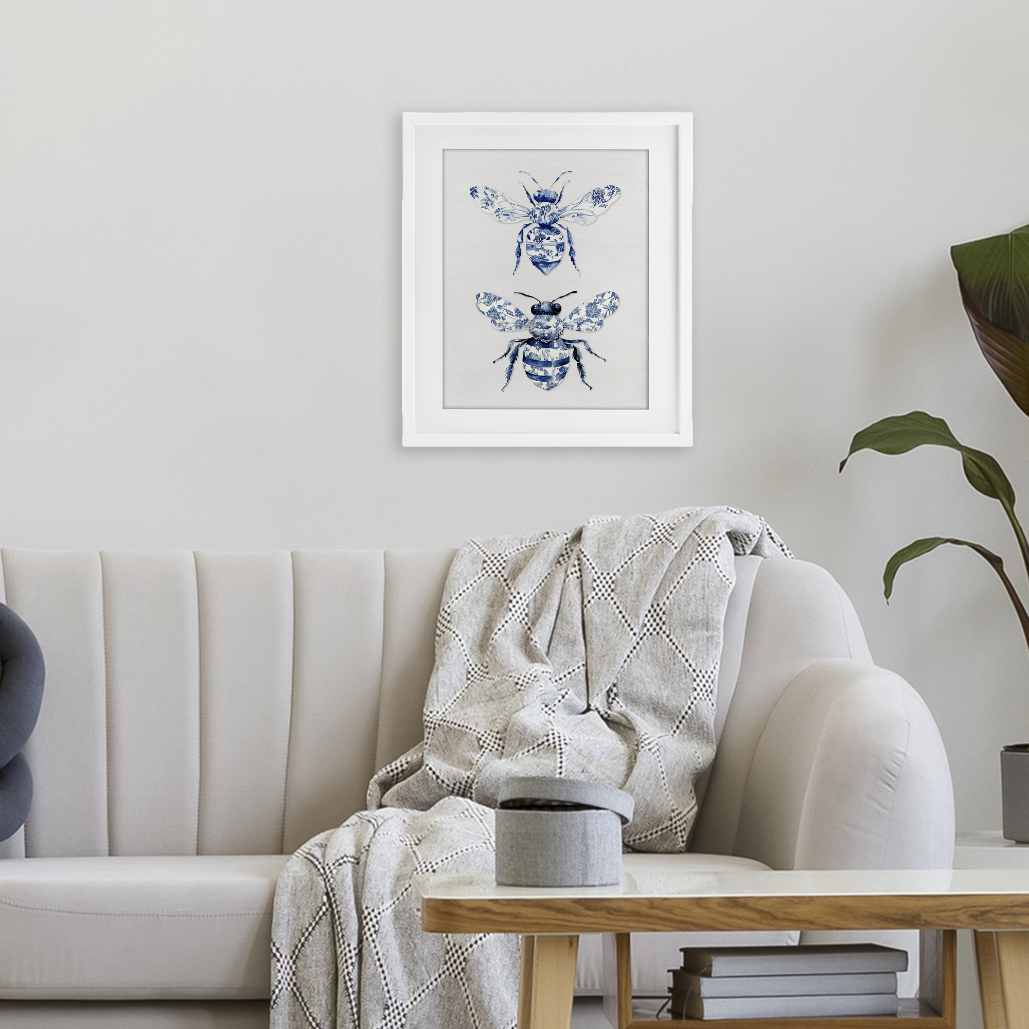 Toile Patterned Bees White Framed Print Under Glass, design by Lettered and Lined