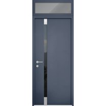 Front Exterior Prehung Steel Door / Cynex 6777 Grey / Top Exterior Window / Stainless Inserts Single Modern Painted-W32" x H80 16"-Right-hand Inswing