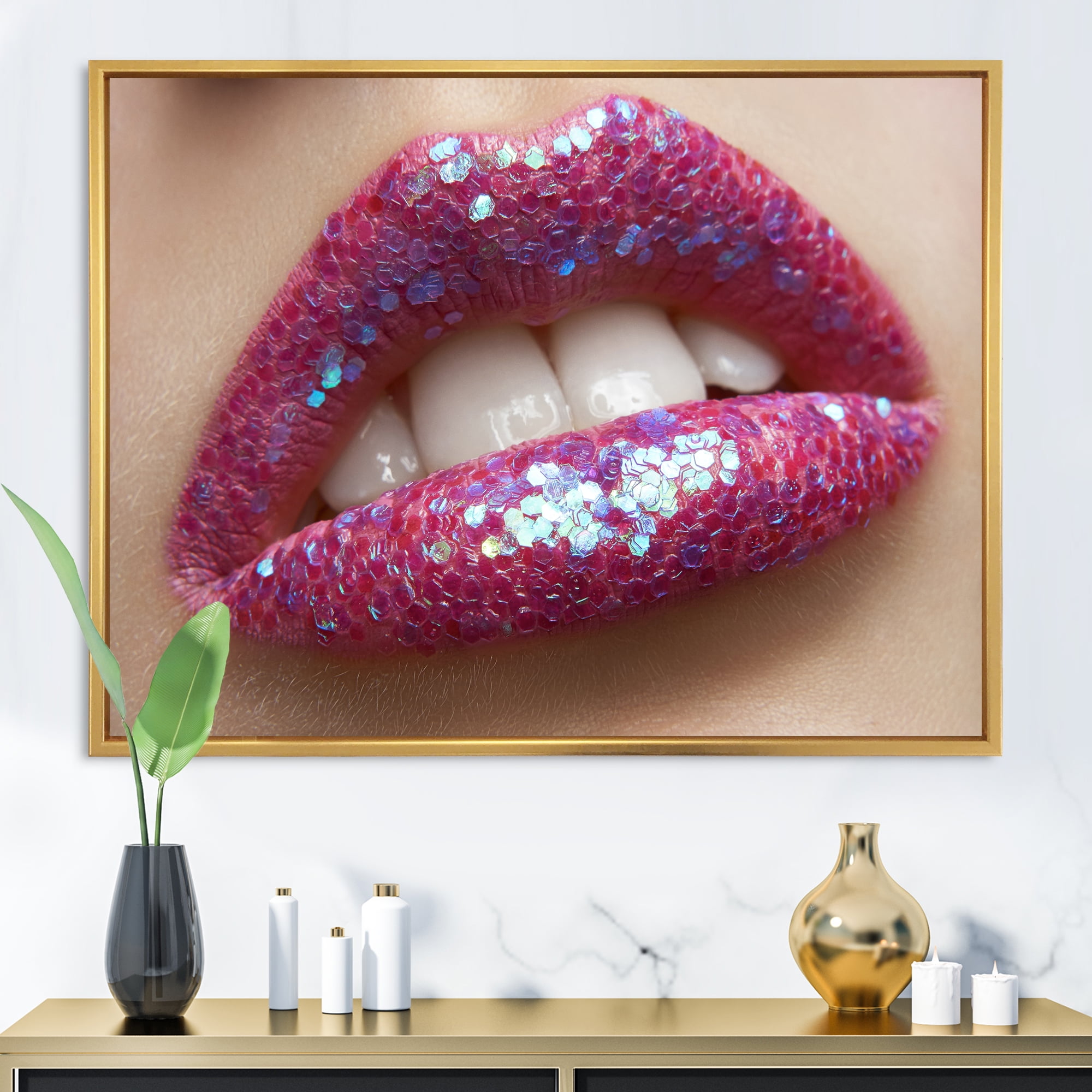 Designart 'Girl Lips Pink Lipstick and Sequins' Modern Framed Canvas Wall Art Print