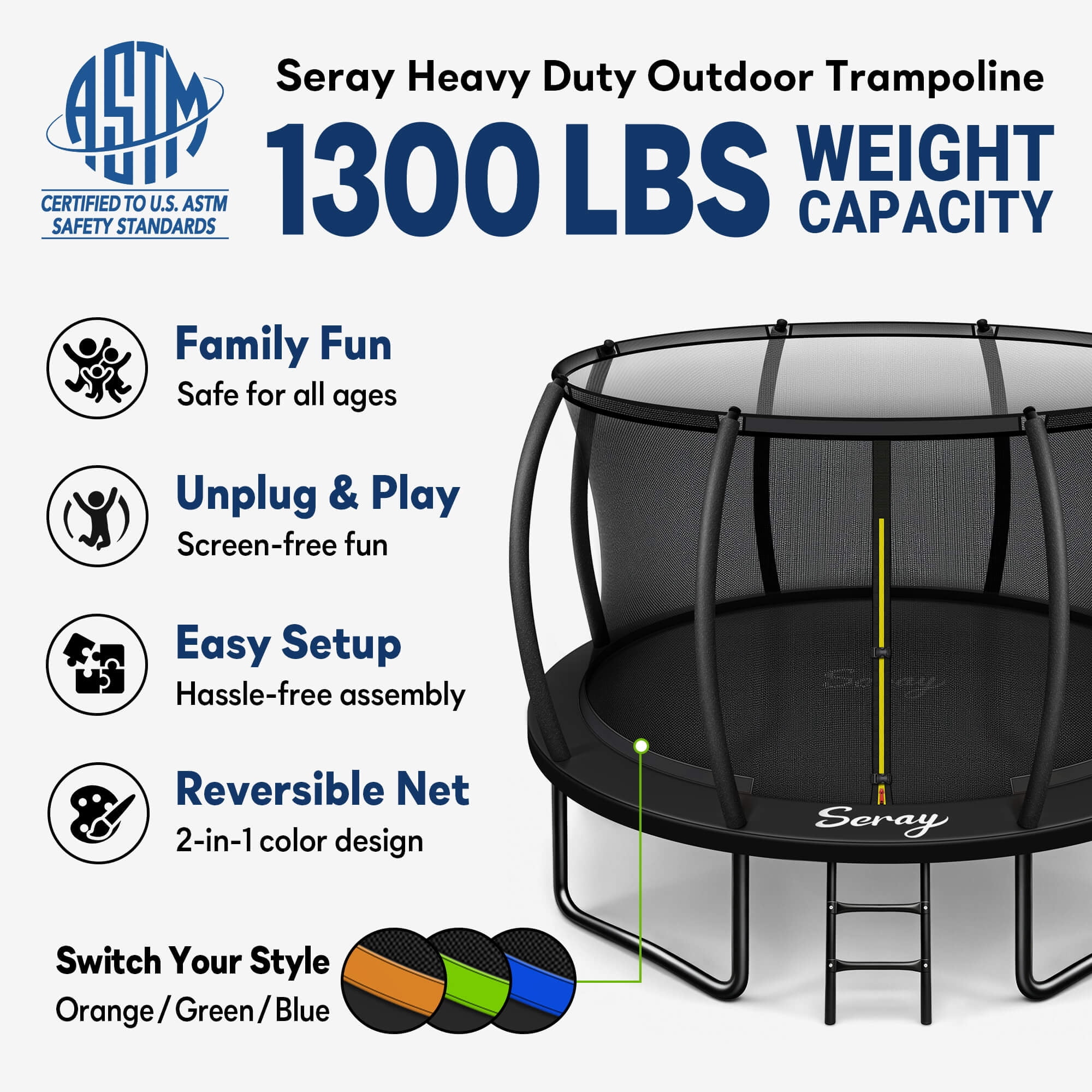 SERAY 10FT, 12FT, 14FT Outdoor Trampoline with Safety Enclosure Net, Ladder and Rust-Resistant Frame, ASTM Certified Backyard Trampoline for Kids and Adults