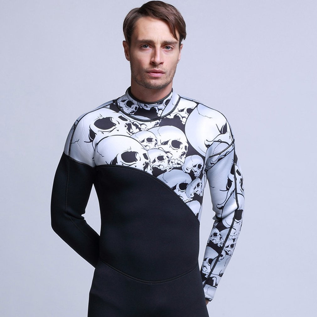 3mm Neoprene Men Full Bodysuit Wetsuit Back-Zip Warm Surfing Diving Skull Print 