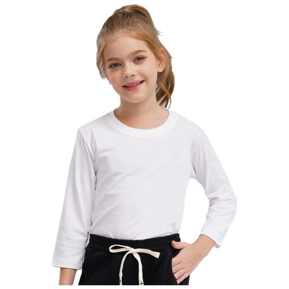 Rswnyirn Kids Boys Girls Long Sleeve Crewneck Shirts Cotton Tee Tops Solid Pullover Undershirts White 7-8