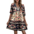 thumbnail image 1 of VISgogo, vestido bohemio informal de verano para mujer, estilo étnico, estampado Floral, cuello en V, manga abullonada, vestido corto oscilante a la moda VISgogo  moda, 1 of 2