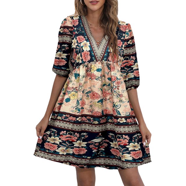 VISgogo, vestido bohemio informal de verano para mujer, estilo étnico, estampado Floral, cuello en V, manga abullonada, vestido corto oscilante a la moda VISgogo moda