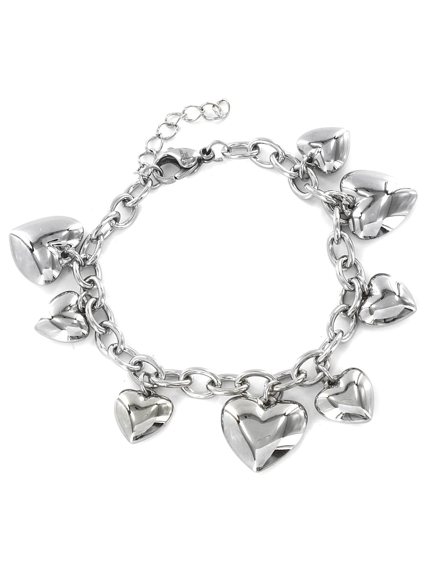 Polished Heart Charm Dangle Stainless Steel Bracelet (30mm) - 6.5'