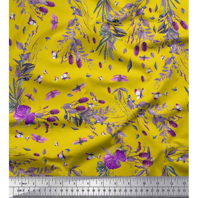 Soimoi Yellow Rayon Fabric Insects,Rose & Leaves Decor Fabric Printed Yard 42 Inch Wide