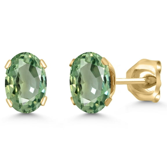 Gem Stone King 18K Yellow Gold Plated Silver Green Sapphire Stud Earrings for Women Men | 1.10 Cttw | Gemstone September Birthstone | Oval 6X4MM