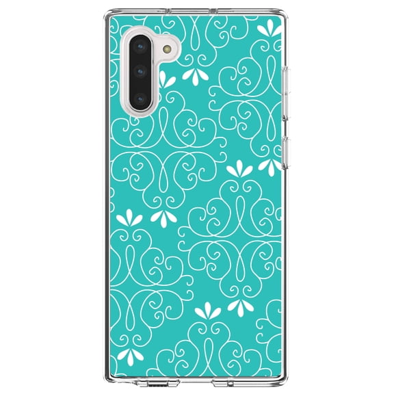 DistinctInk Clear Shockproof Hybrid Case for Samsung Galaxy Note 10 (6.3" Screen) - TPU Bumper, Acrylic Back, Tempered Glass Screen Protector - Teal White Floral