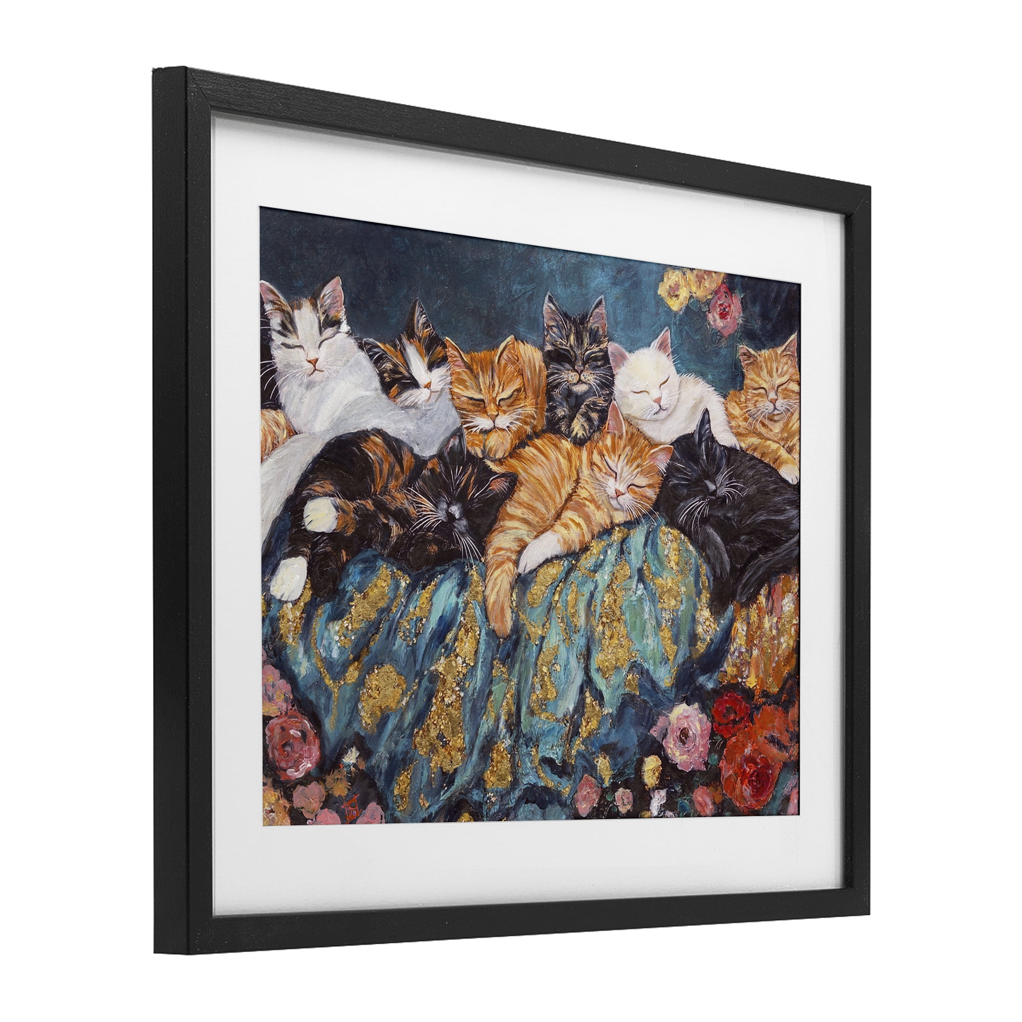 Sleepy Kitty Crowd with Flowers Black Framed Print Under Glass, design by Sara Culpepper