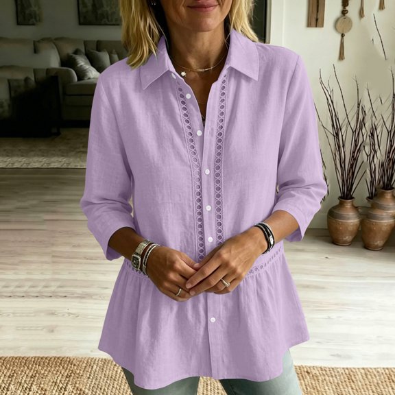 Womens 3/4 Sleeve Hollow Crochet Lace Trim Button Down Collared Shirts Flowy Ruffle Hem Babydoll Peplum Tops Blouses