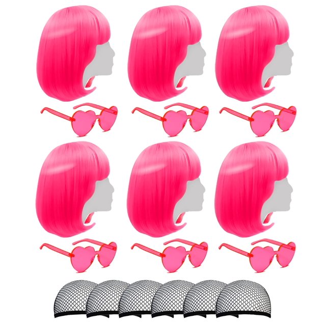 Pelucas cortas Bob con flequillo, paquete de 6 pelucas Bob, juego de serie Fruit Beach con gafas de sol en forma de corazón, postizos para disfraz de Halloween de neón, decoraciones de despedida de so