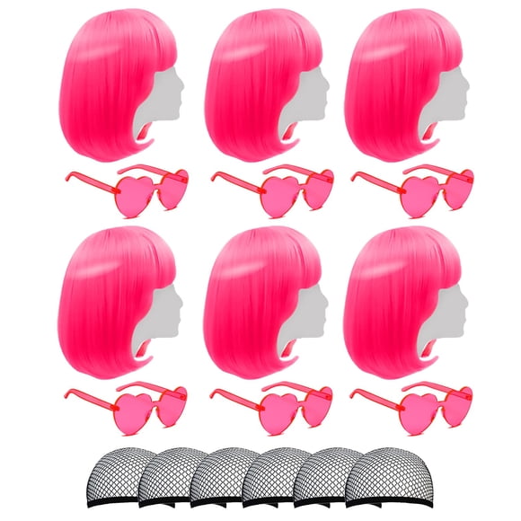 Pelucas cortas Bob con flequillo, paquete de 6 pelucas Bob, juego de serie Fruit Beach con gafas de sol en forma de corazón, postizos para disfraz de Halloween de neón, decoraciones de despedida de so