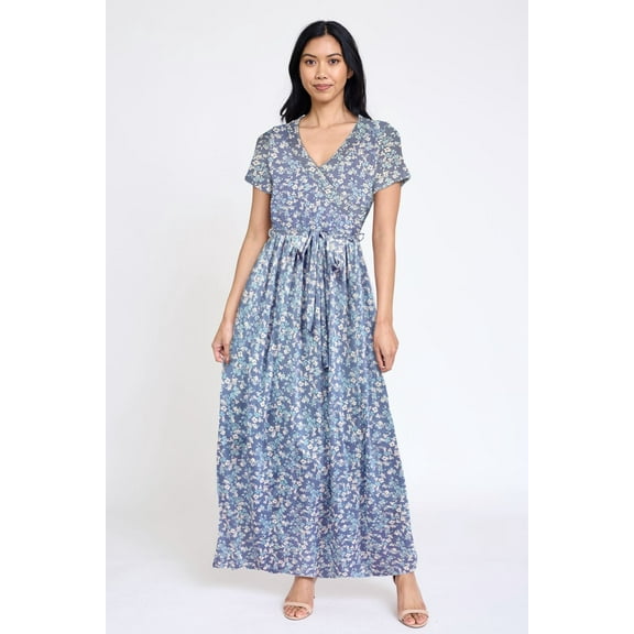 Short Sleeve Surplice Maxi Dress with Sash | 5 Colors | S-3X