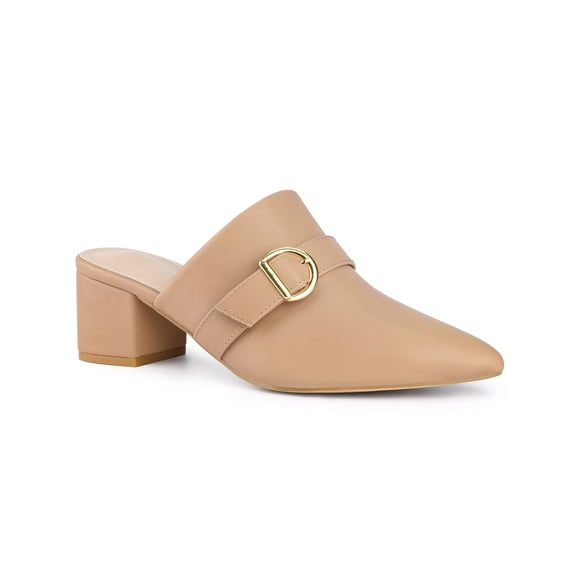BLISSFUL STEP Pointed Toe Chunky Heels Mules with Buckle Decor for Women Nude 10
