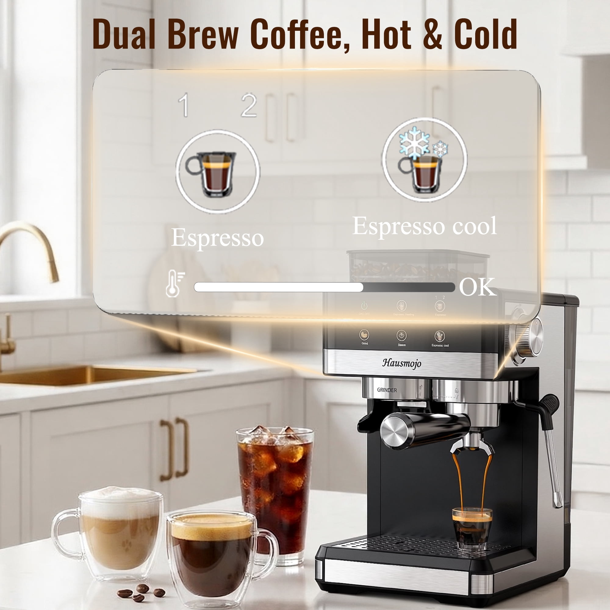 Hausmojo 5520 Espresso Machine with Grinder, Cold Brew & Milk Frother, 20-Bar Semi-Automatic for Latte & Cappuccino, Adjustable Grind & Volume