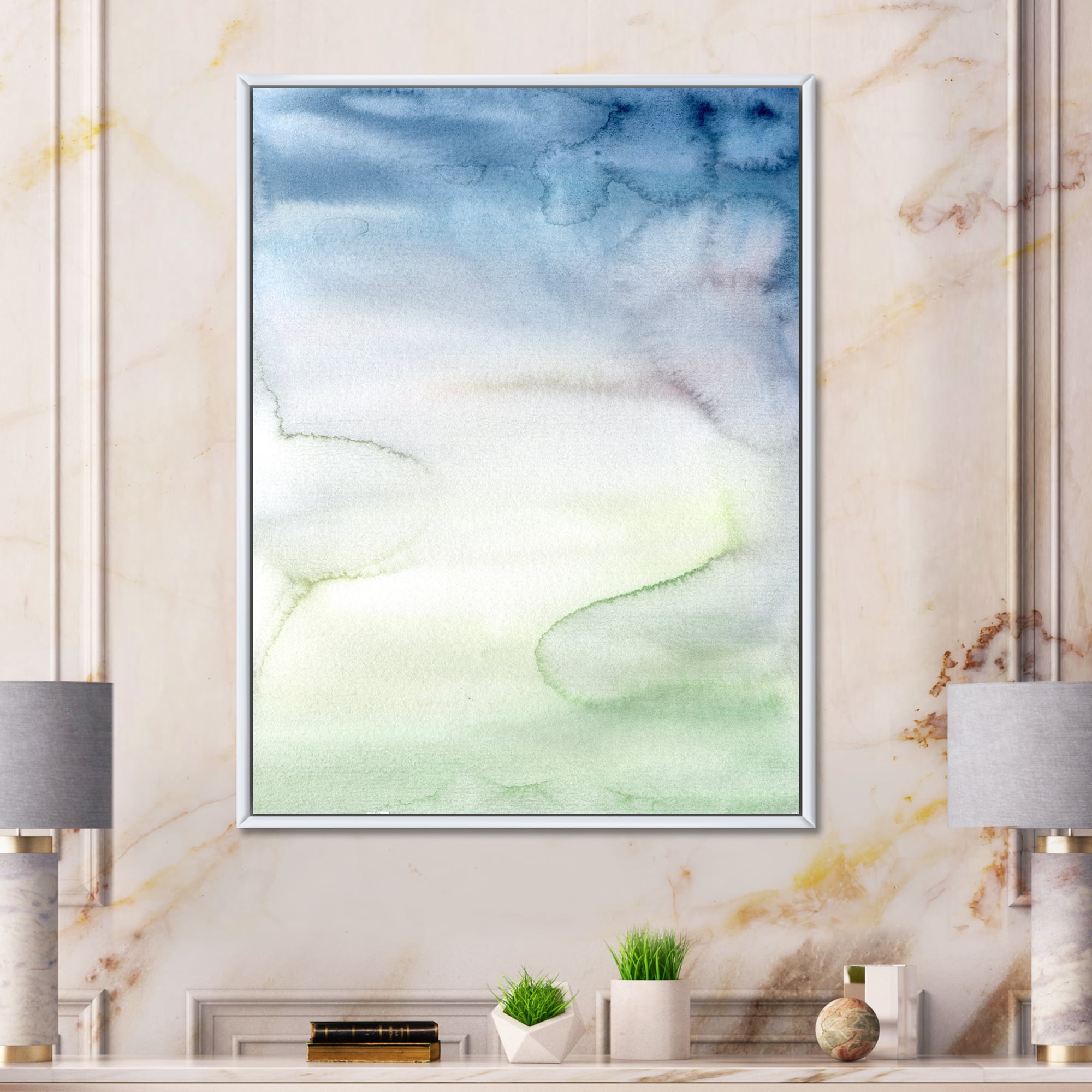 Designart 'Pastel Abstract With Green Dark Blue and White Spots' Modern Framed Canvas Wall Art Print