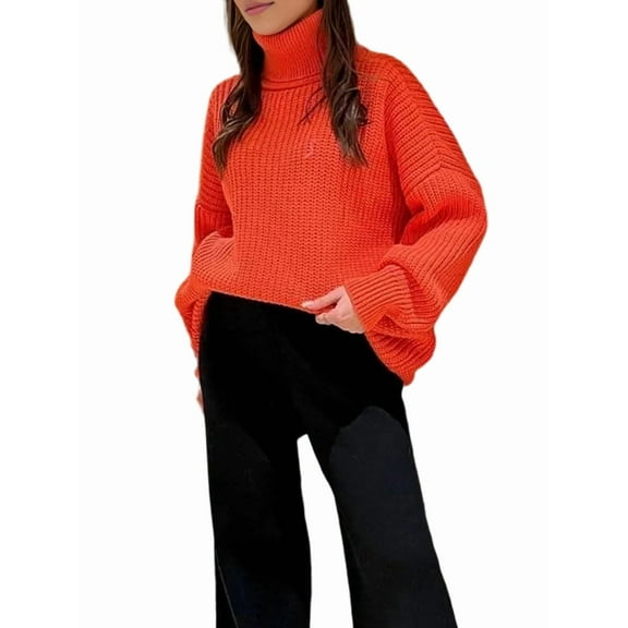 Women'S Thick Sweater, Warm and Loose, Basic Knitted Pullover for the Office Orange Red S
