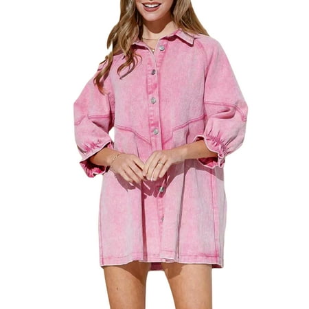 

Peyakidsaa Denim Dresses for Women 3/4 Sleeve Button Down Lapel Jean One-piece