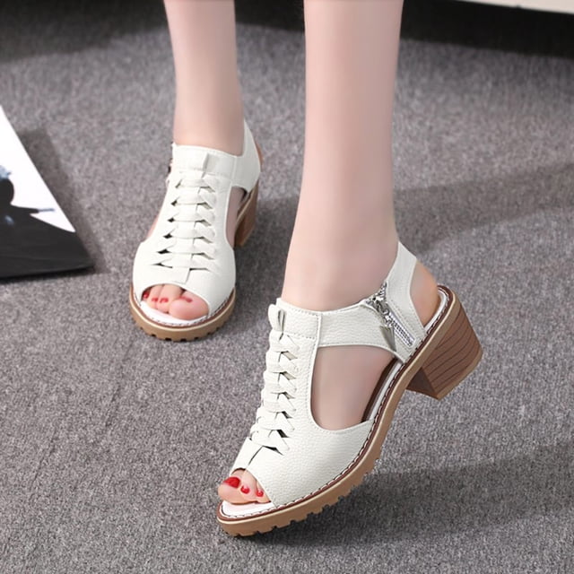Leutsin Style Women's Sandals Car Stitching Thick Heel Comfortable Shoes